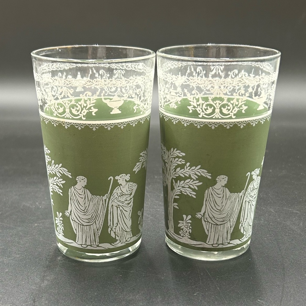 Jeannette Hellenic MCM ice bucket green glass tumblers
